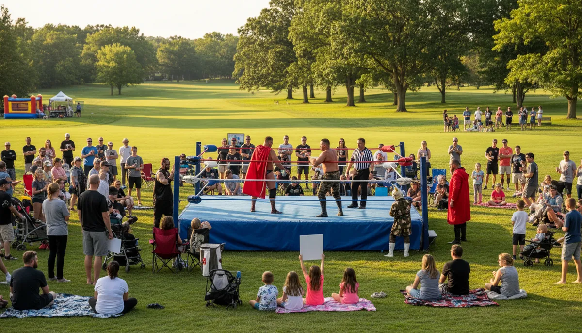 Eye-level view of an outdoor wrestling ring with spectators gathered around it.
