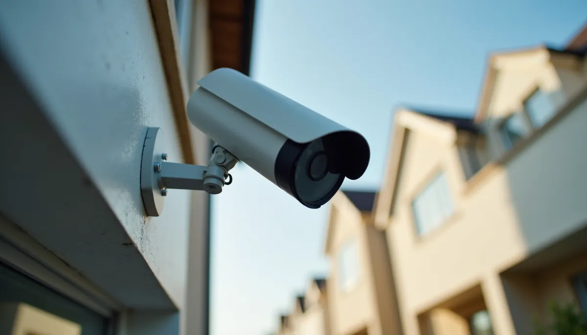Eye-level view of a modern CCTV camera mounted on a residential building exterior